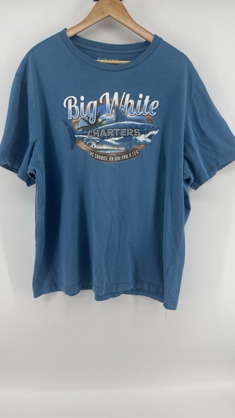 Big White Charters Shark Graphic T-Shirt Blue Puritan Mens 2XL Fishing Tee